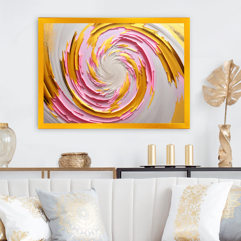 Aquarelle rose abstraite circulaire I - Peinture sur toile, H 30 po x l 40 po x P 1,5 po, Toile avec cadre flottant or
