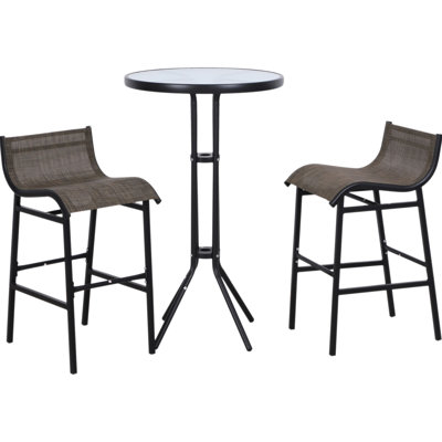 Tan Bar Height Outdoor Bistro For 2. Contains Round Patio Pub Table & 2 Chairs. All-weather Furniture Backyards, Poolside. Comfortable Seating With Breathable Fabric. Tempered Glass Top Easy