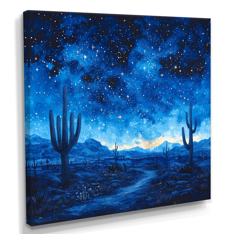 Markcus cactus sous le désert, étoiles bleues I - cactus grand, art mural, H 30 po x l 30 po, Toile tendue, Ne s’applique pas
