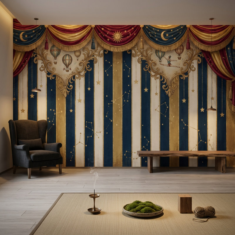 Décoration de mur rideaux de théâtre rétro, 120 po x 96 po, Peler et coller