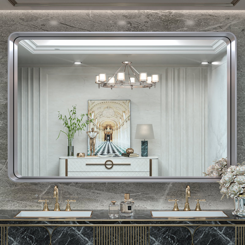 Brayner Bathroom Vanity Mirror Metal Wall Mirror Accent Mirror, Silver, 36" x 55"