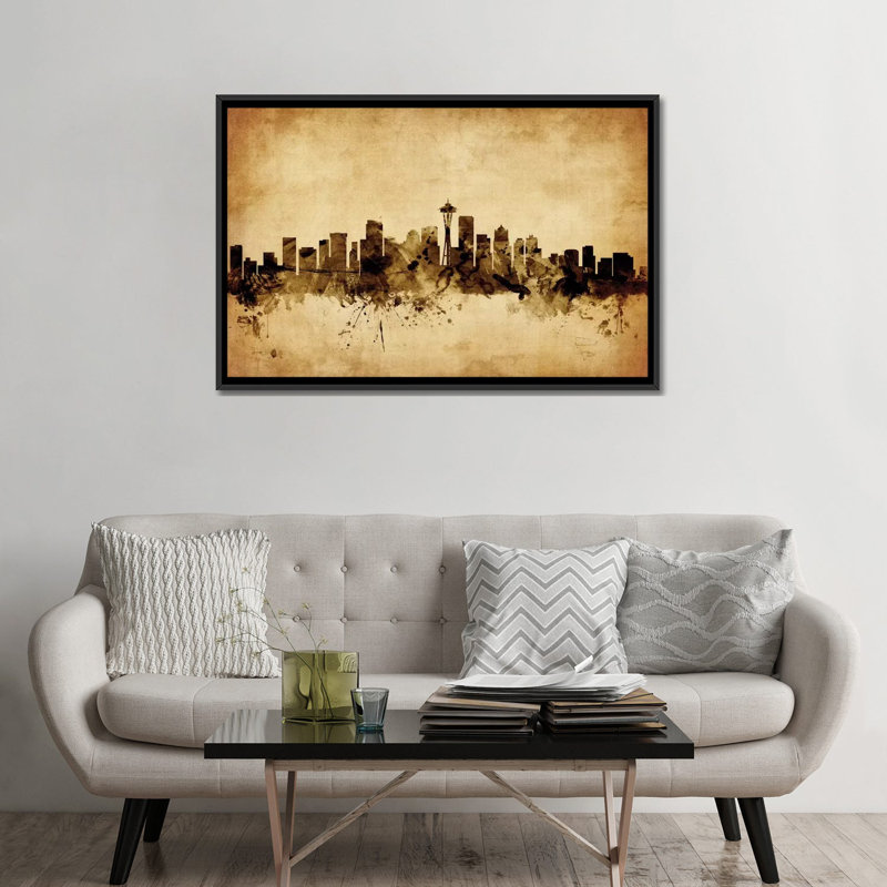 Foxed (rétro) série d’horizons : seattle, washington, usa, impression sur toile tendue, H 32 po x l 48 po x P 1,5 po