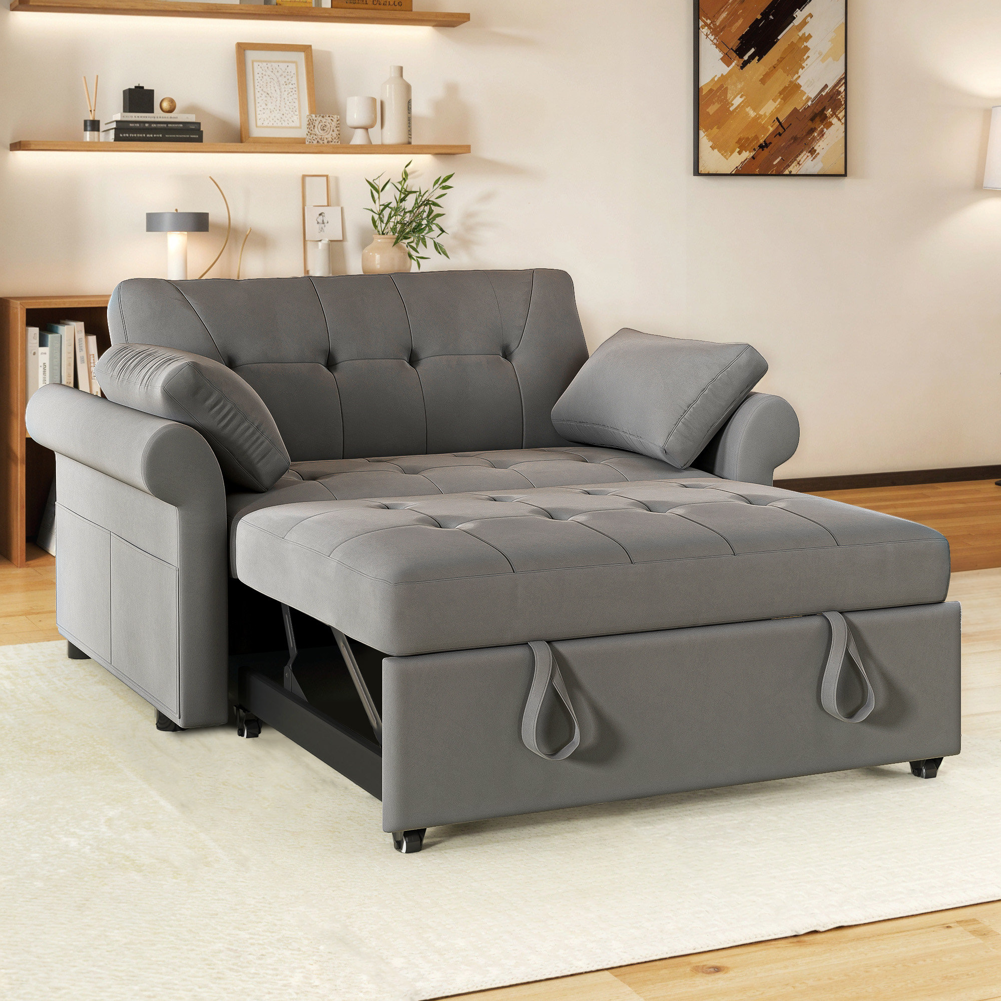 Winston Porter Arc-Shaped Armrest Loveseat Sofa Bed with Pull-Out