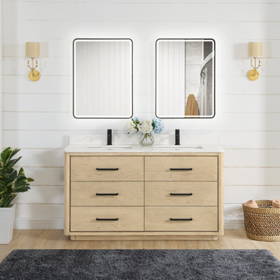 Porto 60 " W Free Standing Wall Mounted 2 Double Vanity Bathroom Vanity With Quartz Top with Mirror
