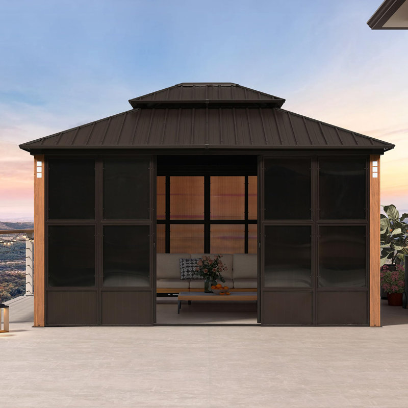 PURPLE LEAF 12'W x 14'D Hardtop Aluminum Gazebo Double Roof All-Weather Outdoor Sunroom Patio Screen House in Bronze