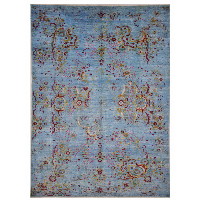 Hand Knotted Wool Area Rug in Blue