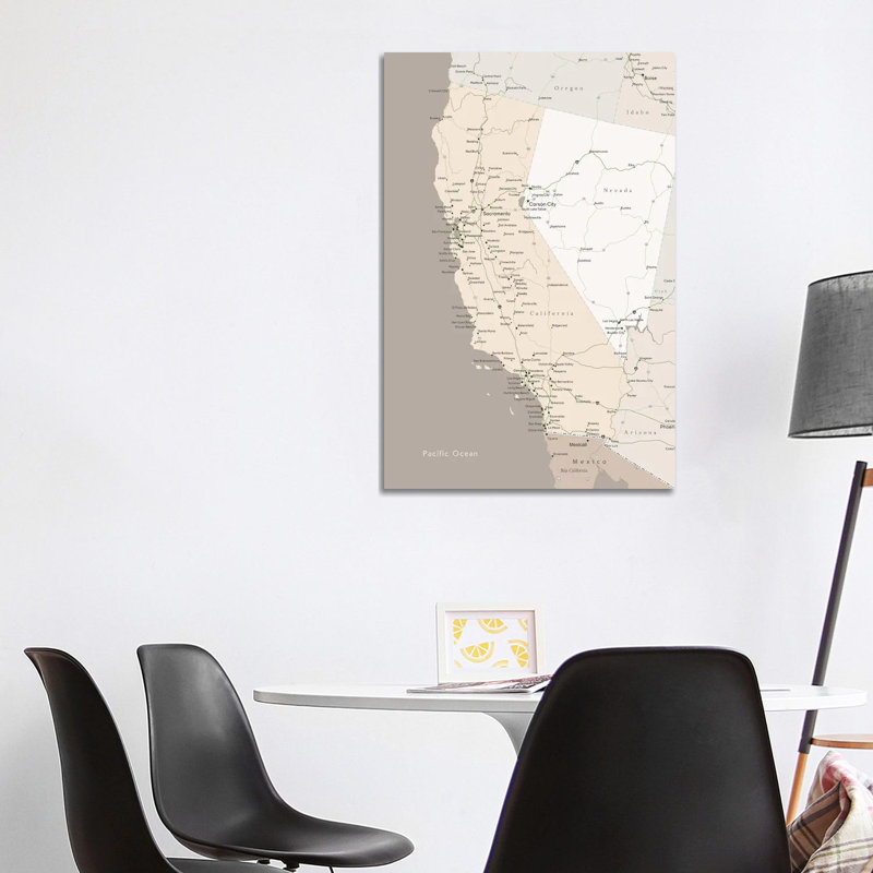 Brown Map Of California With Cities by Blursbyai - Gallery-Wrapped Canvas Giclée on Canvas, Canvas