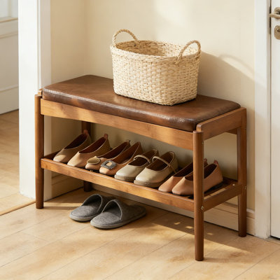 Bamboo Shoe Rack Bench With Leather Cushion - 2-Tier Entryway Storage Bench For Hallway, Living Room, And Bedroom