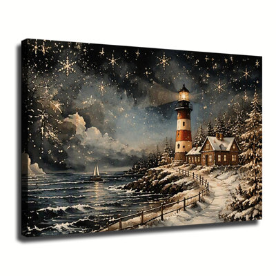 Scène de phare côtier enneigé en hiver, flocons de neige tombant et voilier sur une mer ondulée, paysage aquarelle rétro, art mural sur toile pour le décor de chambre à coucher de salon