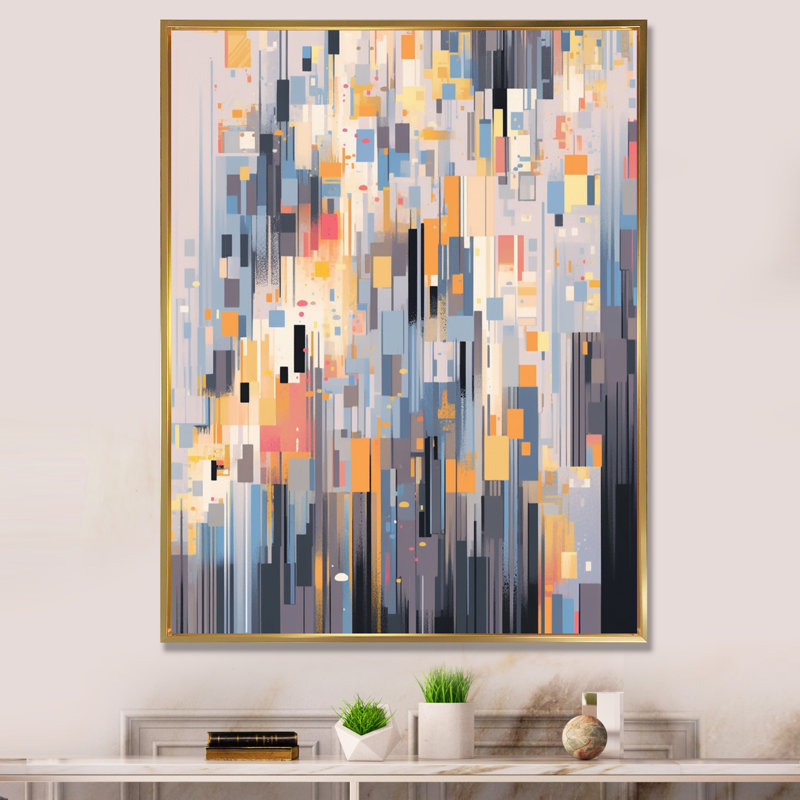 «Orange Grey Interlocking Perspectives», reproduction sur toile encadrée, Cadre flottant doré, H 32 po x l 24 po x P 1 po
