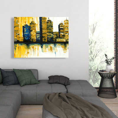 Jaune abstrait, gratte-ciel - art contemporain bleu sur toile