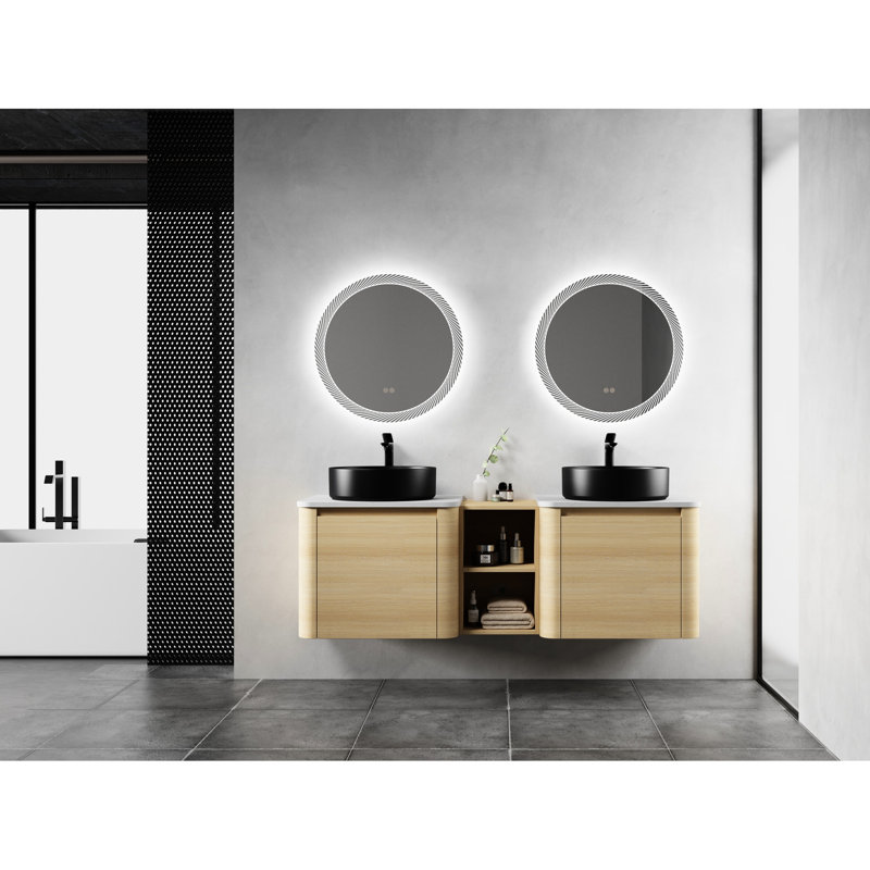 Meuble-lavabo mural de 60 po, lavabo d'art en céramique, tablettes de rangement, porte à fermeture en douceur, conception moderne en contreplaqué emballé par Kd, rebords d'armoire arrondis, meuble-lavabo à charnières en acier inoxydable avec 1