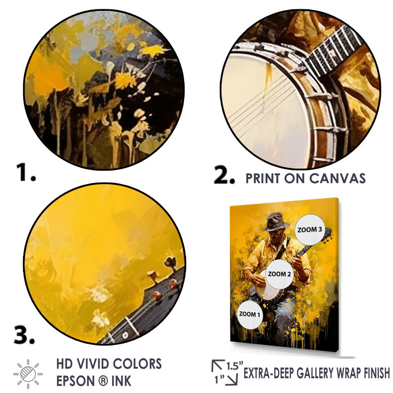 «Music Banjo Bliss Sunny Yellow», reproduction sur toile, Cadre doré simple, H 44 po x l 34 po x P 1,5 po