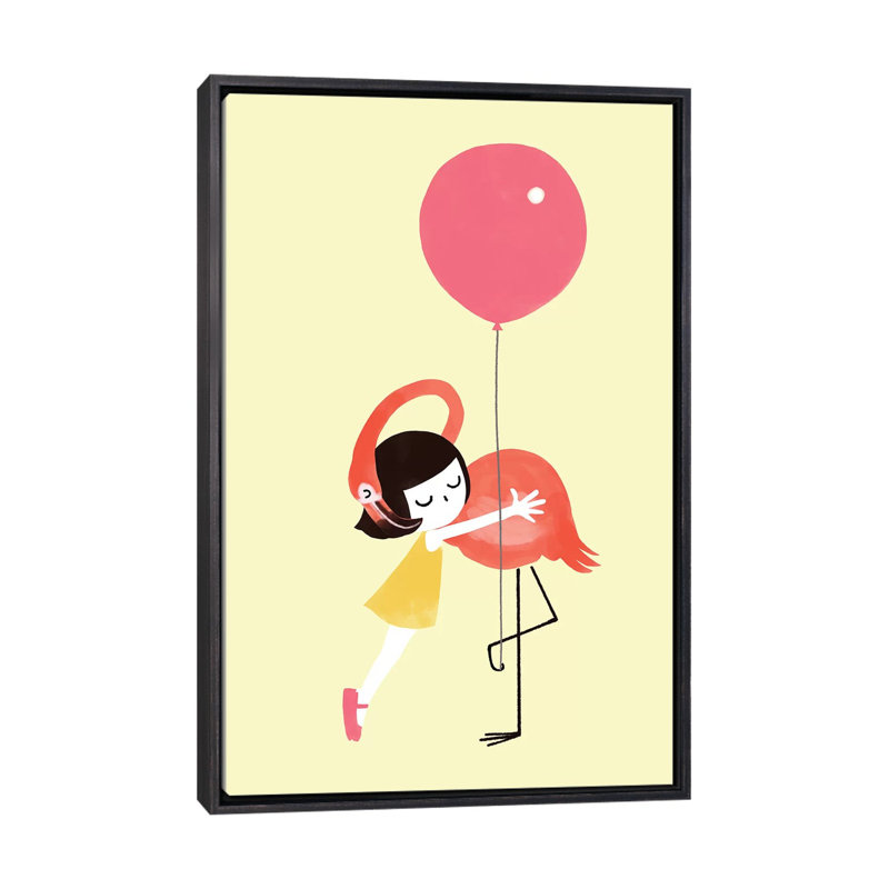 Flamingo Hug par Big Nose Work - impression d'art graphique, Toile avec cadre noir patiné, Pas de tapis
