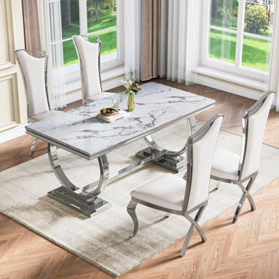 5 Pieces Luxury Kitchen Dining Table Set Of 4,70”Faux Marble Top With U-Shape Metal Base Dining Table For Kitchen, Dining Room -  Mercer41, 08E5C7A57AE149CB9E56C727D6B56F7E