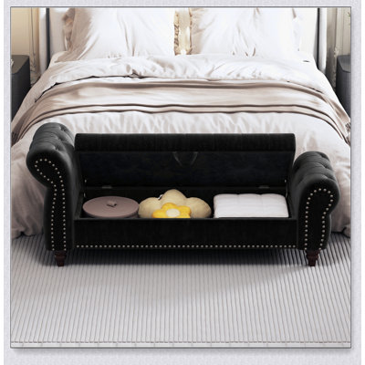 Élégant banc de lit capitonné avec rangement, revêtement en velours et clous antiques pour les chambres modernes