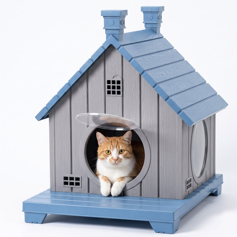 Maison pour chat à 1 niveau en résine pour l'extérieur pour l'intérieur H 25,67 po avec porche, Bleu/Gris