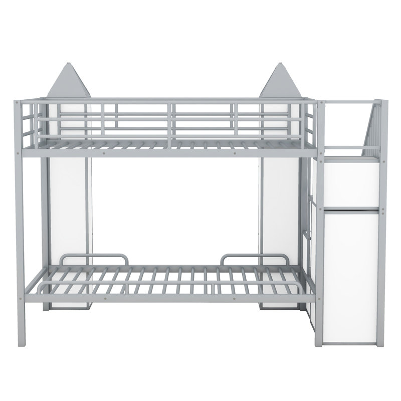 Lit superposé en métal en forme de château avec garde-robe et rangement multiple, Blanc / Gris