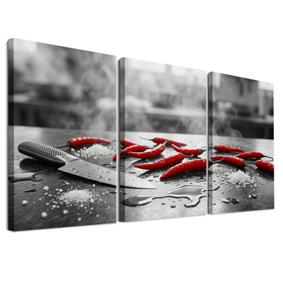 Red Chili Peppers and Knife with Salt Set Of 3 Canvas Wall Art