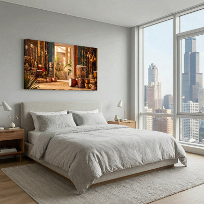 Tambour africain et statue en bois dans une cour ensoleillée, art mural sur toile 47 x 24 x 1,5 po