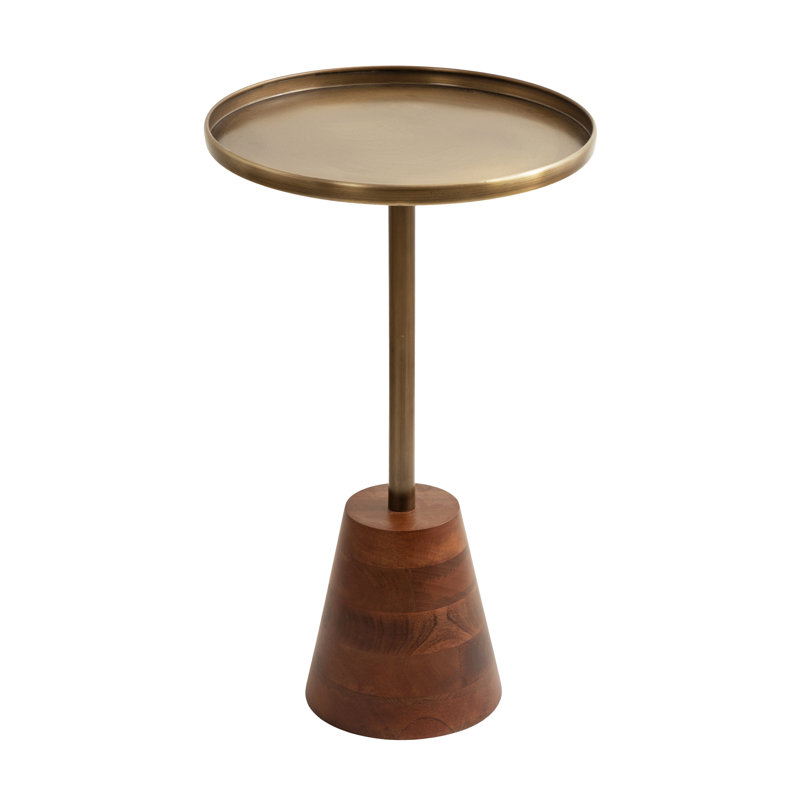 Lodia Round Wood and Metal End Table, Brown, Gold