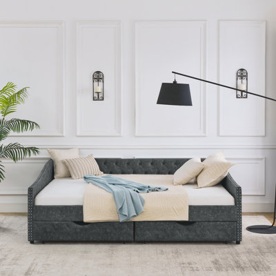Lit de jour simple avec canapé-lit capitonné de taille simple, avec bouton sur le dos et clou en cuivre sur les accoudoirs ondulés, beige (80,5 po x 41 po x 30,5 po)