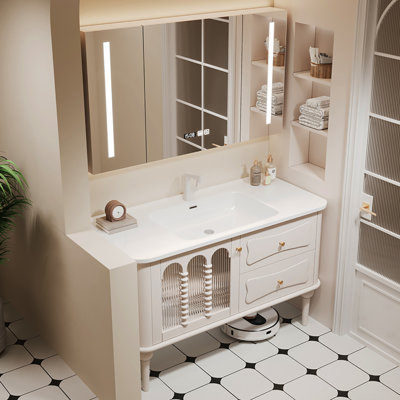 Meuble-lavabo autoportant en bois massif de style crème 43,31 po avec miroir