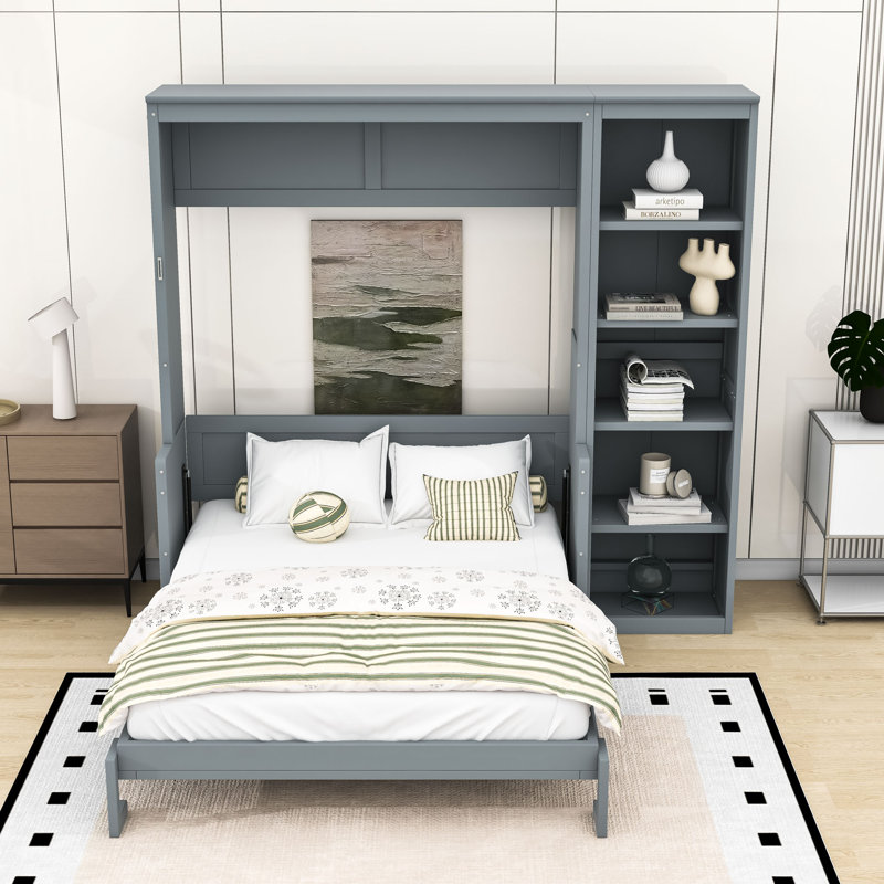 Lit escamotable avec bureau et tablettes de rangement, Gris, Double