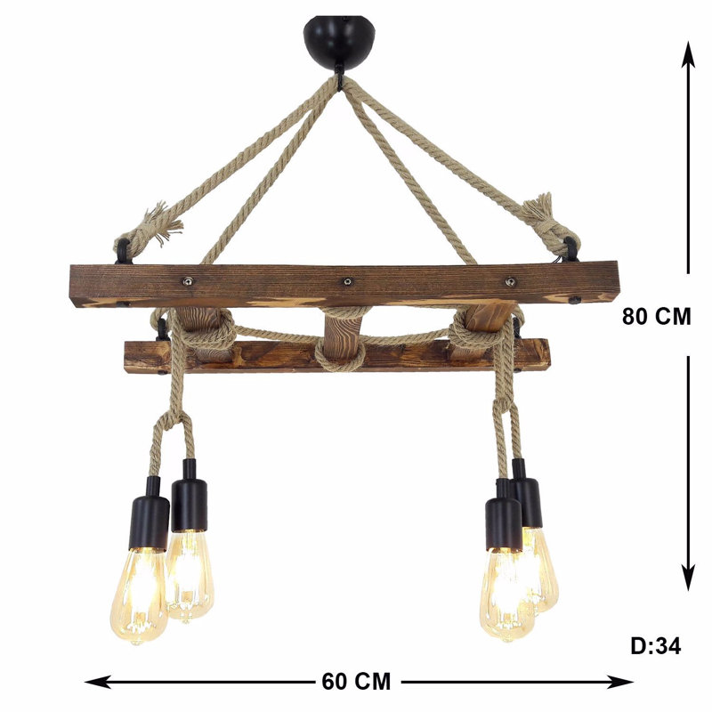 Lustre rustique fait à la main, pin massif, 31,5 po x 13,4 po x 23,6 po | Couleur noyer, 4 x douilles E27 de 40 W maximum | 100% bois massif, conception de fantaisie moderne, parfaite pour la salle à manger et les espaces de vie, solution d'éclairage élégante