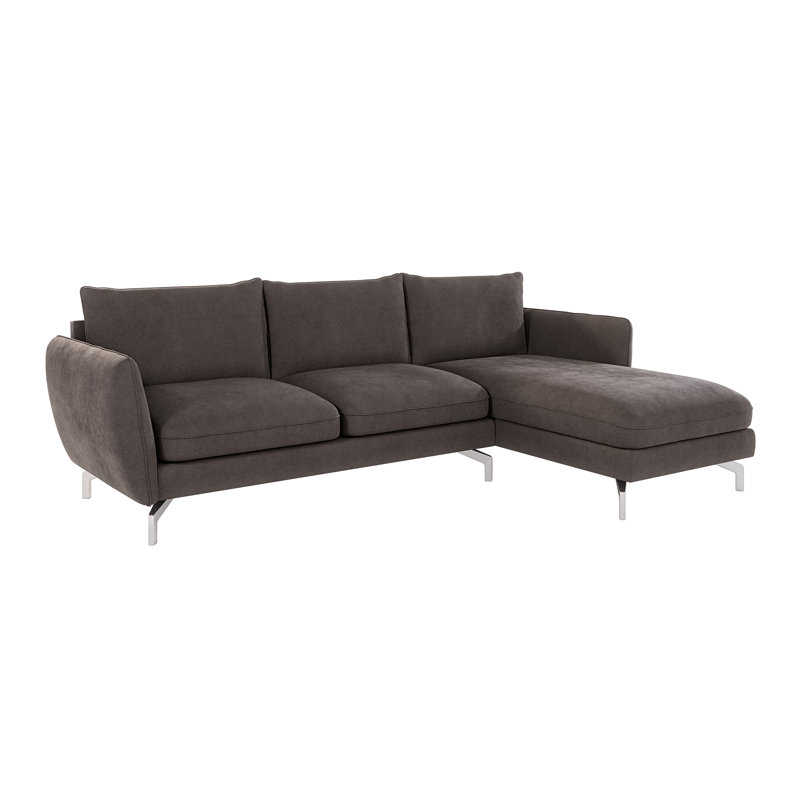 Modern L-Shape Corner Sofa Kimo with Silver Metal Legs, Right Hand Facing, Brown - Khaki
