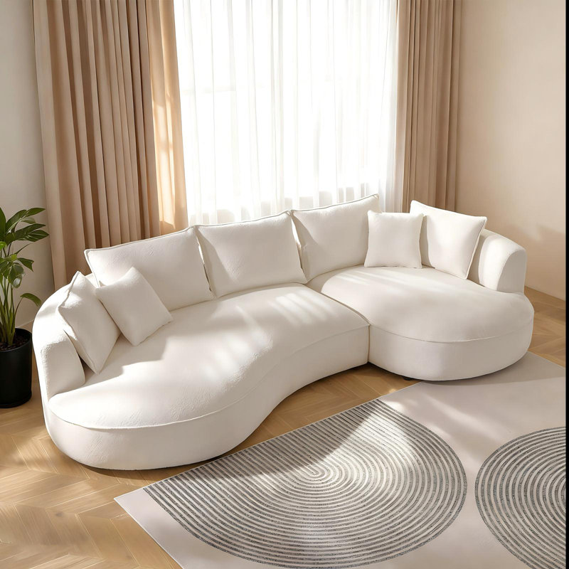 125" Curved Boucle Sectional Sofa With Chaise And 7 Pillows, Creamy White, Right Hand Facing