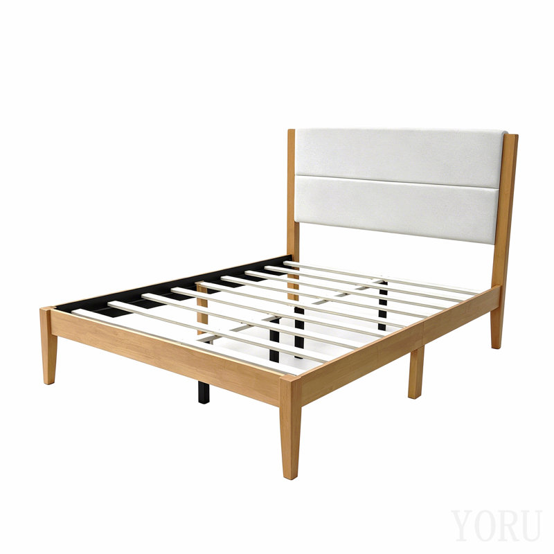 Structure de lit plateforme Mid-Century moderne avec tête de lit tapissier, support de lattes en bois massif, aucun sommier requis, assemblage facile