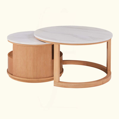 Round Nesting Coffee Table With White Marble Top, 2-Tier Storage And 1 Drawer