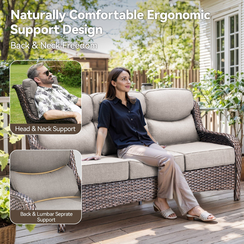 Meriline Wicker 3 - Person Modular Patio Sofa Seating Group With 6" Thick Cushions, Beige, Brown
