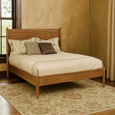 Queen Size Mid - Century Oak Platform Bed, Tall Headboard, Slat Kit For Reading Comfort Bed In Oak, Wood Build, Mattress