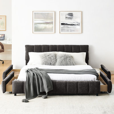 Grand lit moderne gris foncé avec chenille et tête de lit - Tiroir de rangement rembourré Relax