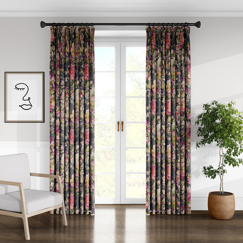 Jacqueline Drapery Linen Floral Room Darkening Pinch Pleat Single Curtain Panel, 40" W x 108" L