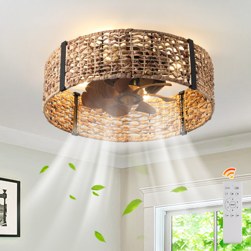 Chatrin 20" Handwoven Boho Rattan Caged Reversible Ceiling Fan With Light Kit and Remote Control