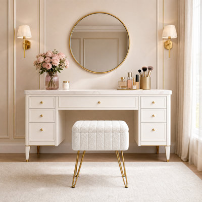 Vanity Stool with Hidden Storage Ottoman, Faux Fur Padded Seat with Metal Legs and Anti-Slip Feet, Soft Makeup Foot Rest for Bedroom, Living Room, and Dressing Room