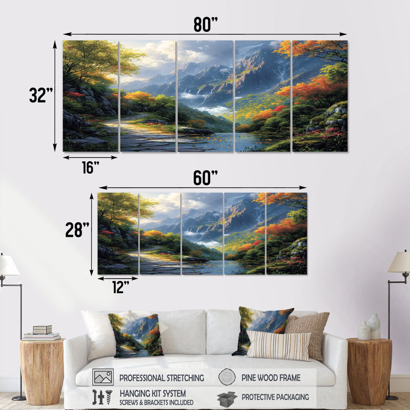Nature, gloire de montagne, sentier des fleurs printanières - campagne, ensemble d'art mural 5 pièces, H 28 po x l 60 po