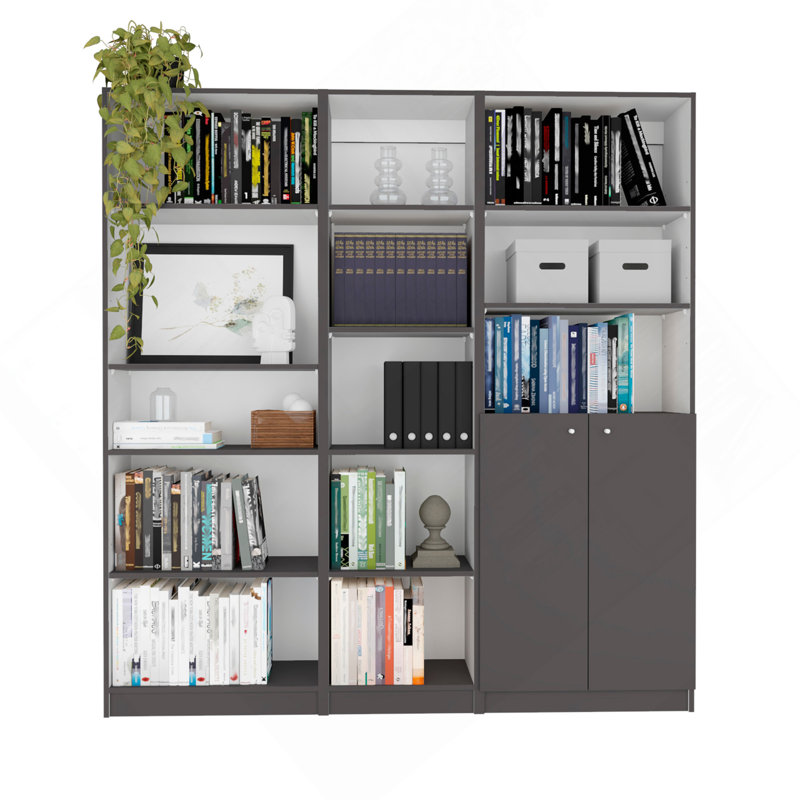 3 Piece Home Bookcase Set, 67" Wide With 13 Shelves And 2-Door Cabinet ,  Living Room Set  Matt Gray / White
