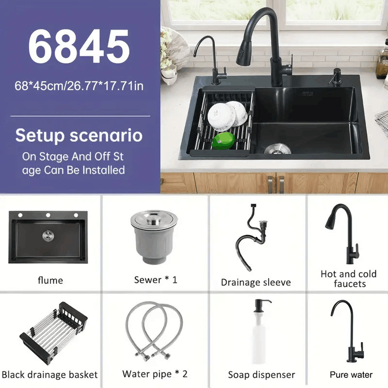 Évier de cuisine 26,8 po à cuve simple en acier inoxydable avec robinet, Noir mat