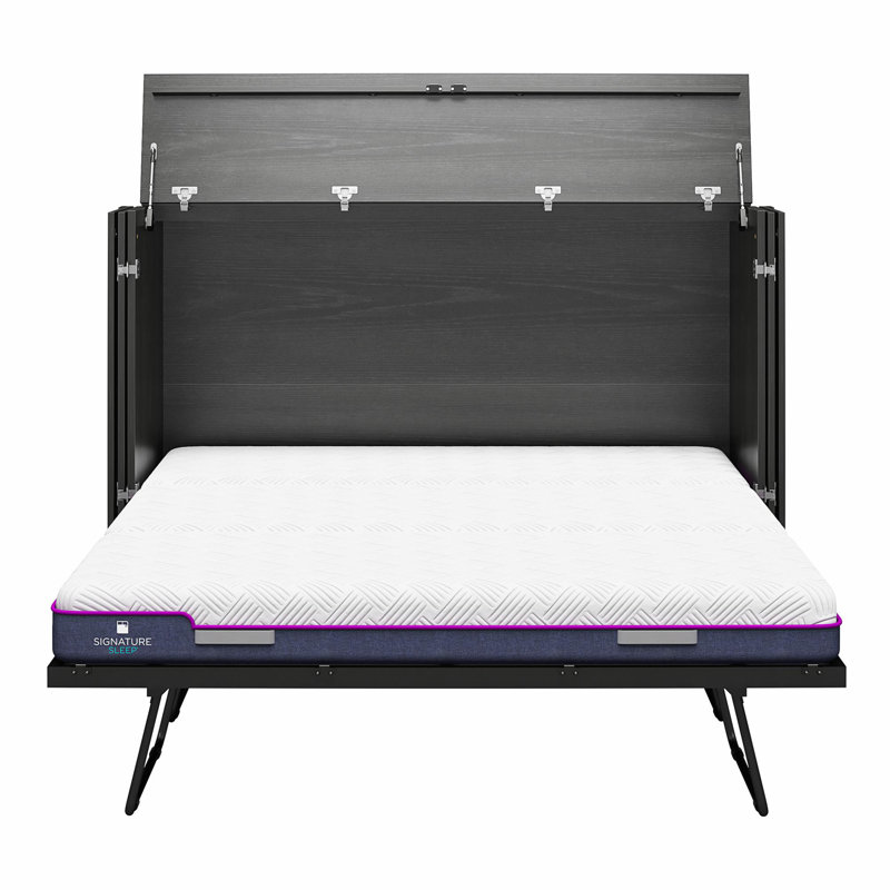 Urthe Queen Trifold Cabinet Murphy Bed with Memory Foam Mattress and Storage Drawers, Black Oak