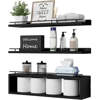 Tablettes flottantes pour le mur de 24 pouces avec tablette cubique, tablettes murales avec rail en métal pour le décor de la salle de bain, organisateurs et rangement de salle de bain, tablettes au-dessus de la toilette, papier hygiénique