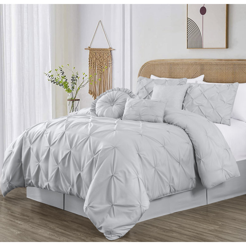 Ensemble d'édredon en microfibre 7 pièces Sydney Pintuck, Très grand californien, Gris clair