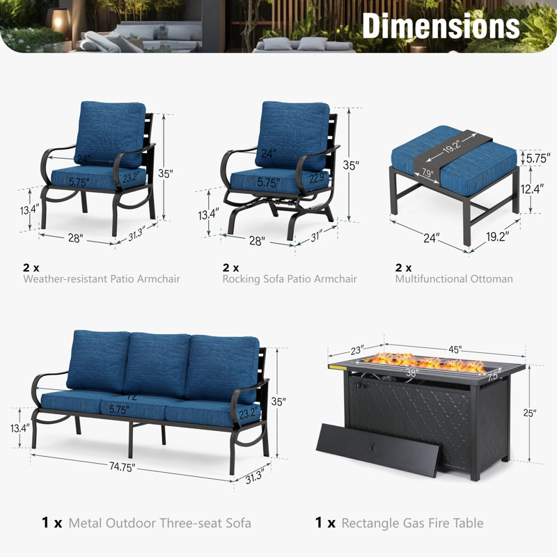 Ensemble de conversation de patio pour 9 personnes Tapasi avec chaises longues berçantes et table de foyer optionnelle, Oui