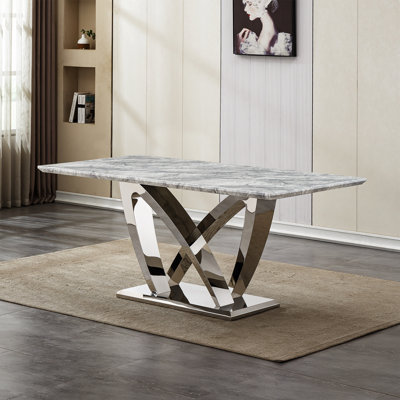 Table de salle à manger en marbre pour 6 personnes, table de salle à manger rectangulaire en faux marbre 70 po avec base en acier inoxydable à finition miroir, table de cuisine moderne en marbre de grande taille