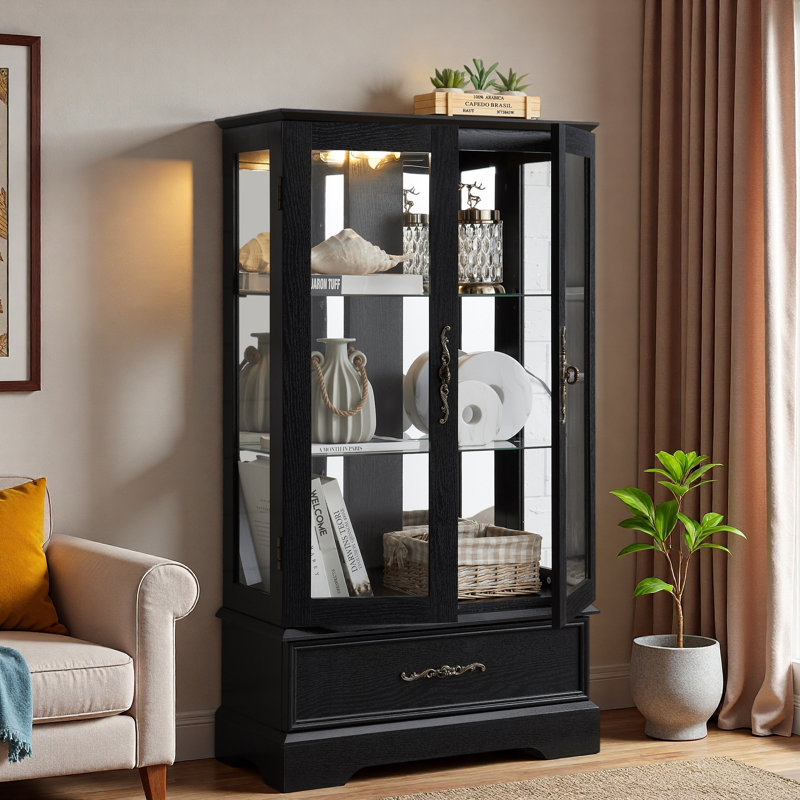 Vitrine lumineuse en verre avec éclairage à DEL, tablettes réglables et tiroir