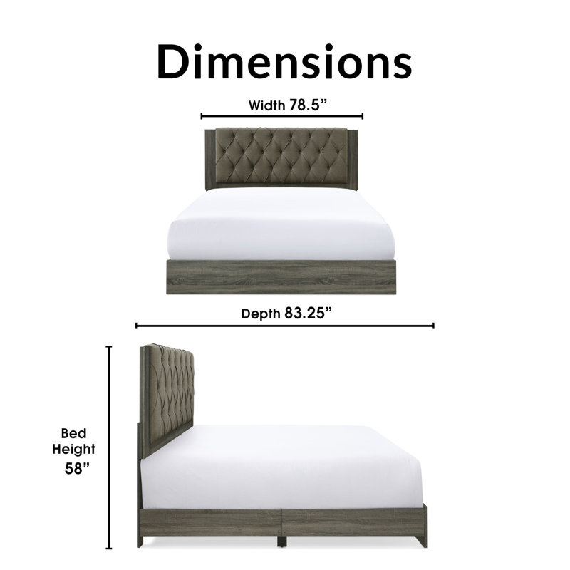 ClickDecor Kenton Panel Bed Frame with Diamond Tufted Upholstered Headboard, Gray, King
