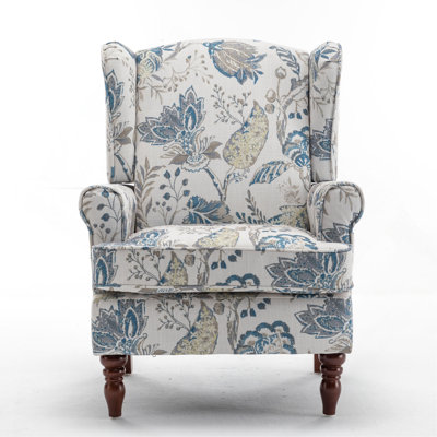 Chaise d'appoint moderne avec pieds en bois rétro, fauteuil rembourré confortable, canapé simple à motif floral pour le bureau de la chambre du salon - bleu floral